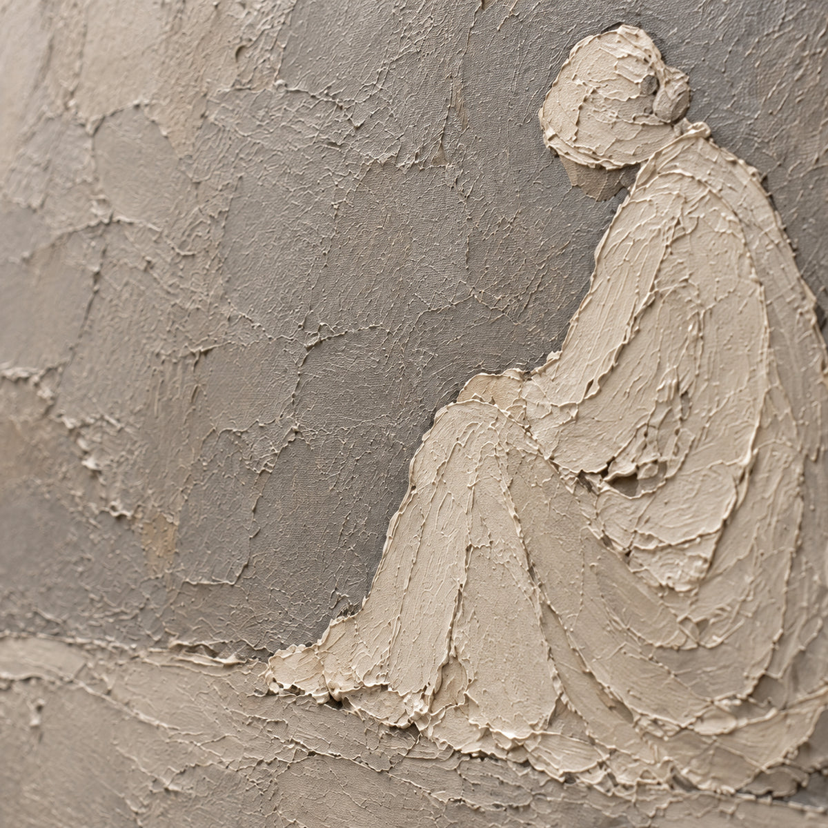 Silent-Repose oil painting brushwork and impasto detail photographed from an oblique side angle