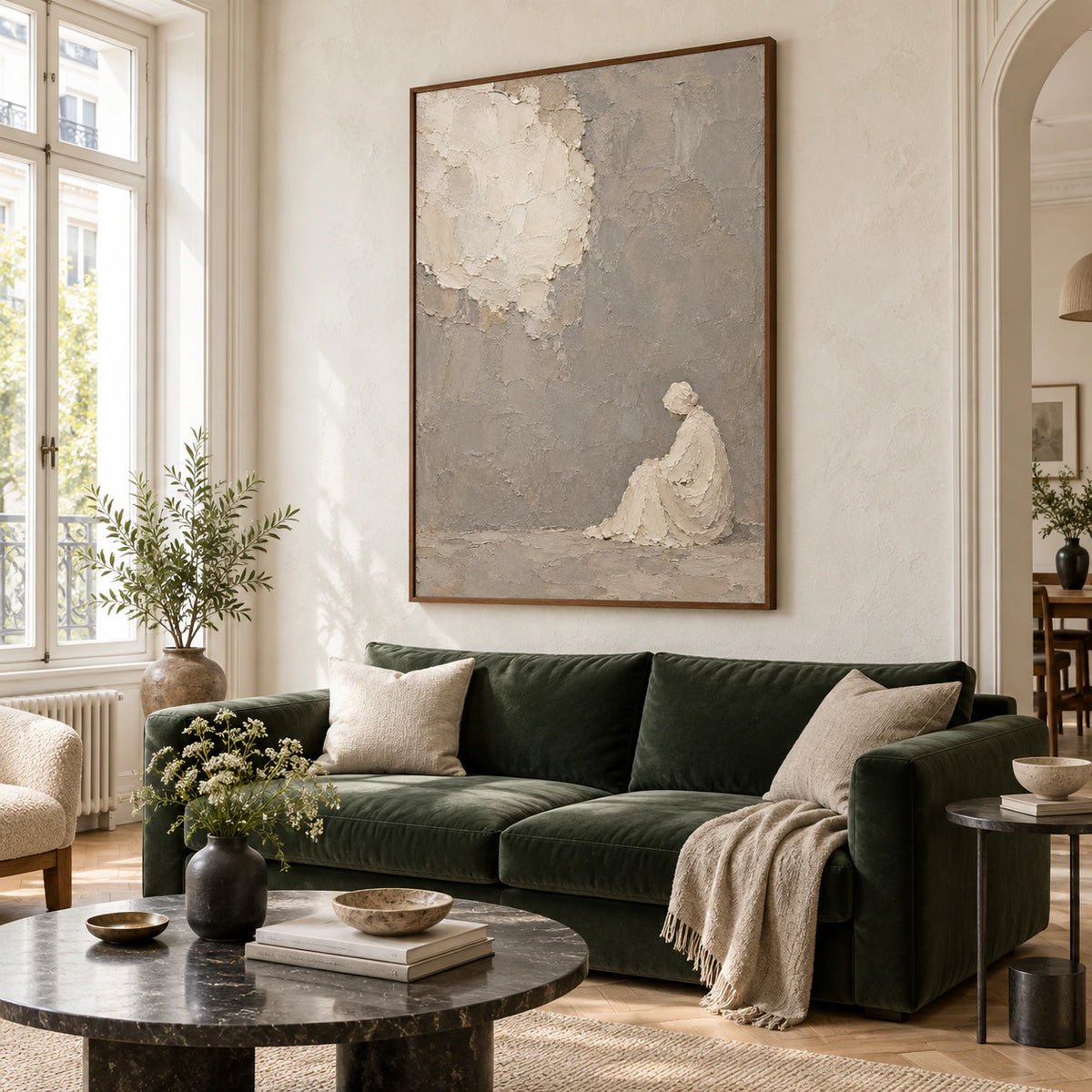 Silent-Repose above a pale sofa in a bright contemporary living room.