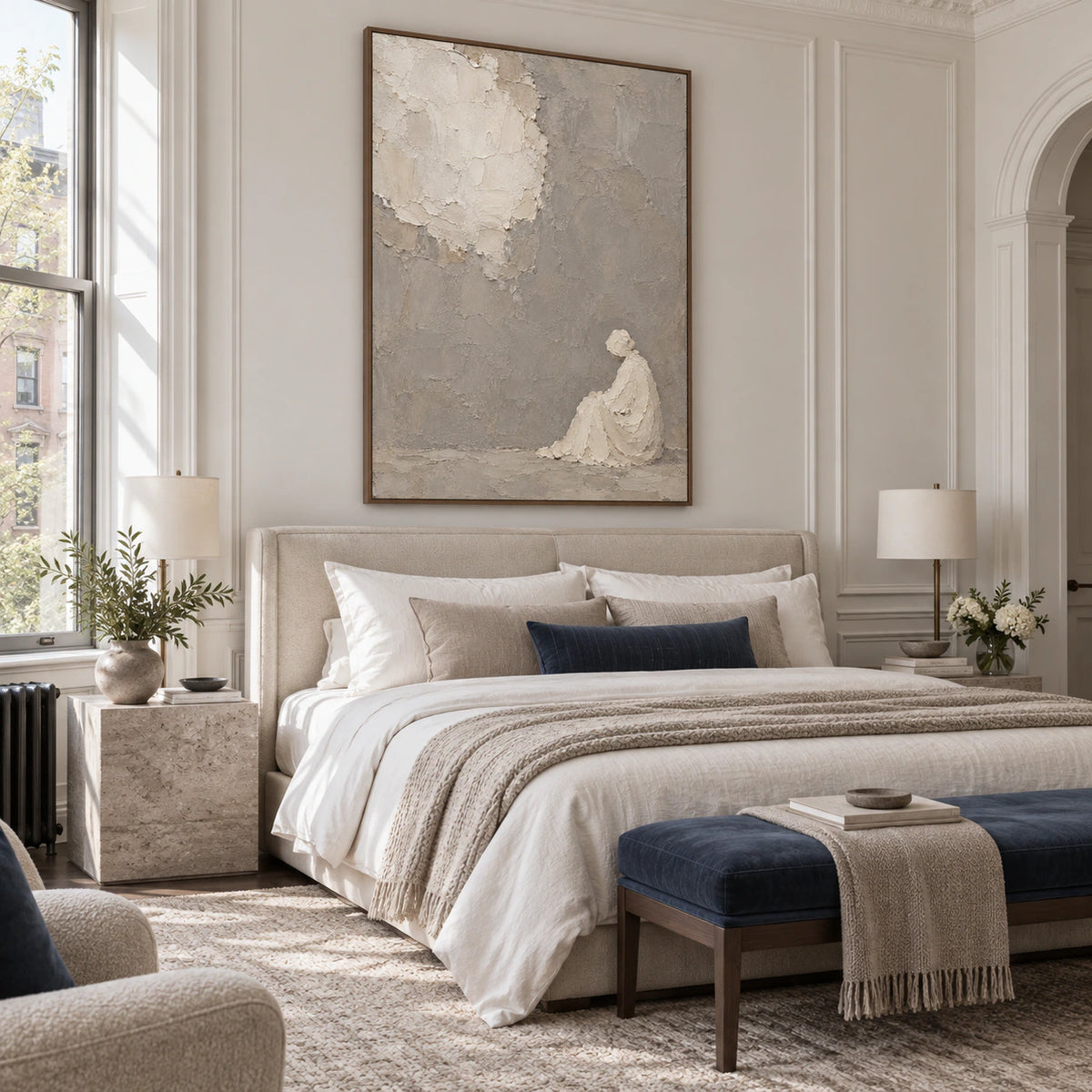 Silent-Repose as the focal artwork in a quiet neutral bedroom.