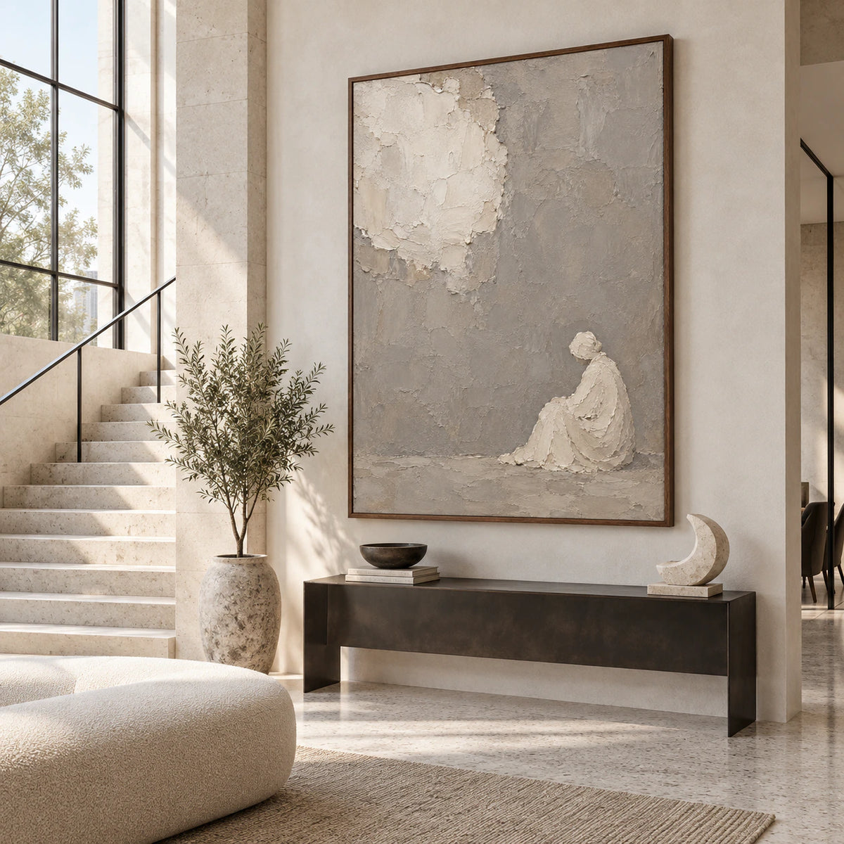 Silent-Repose at gallery scale in a luminous stone foyer.