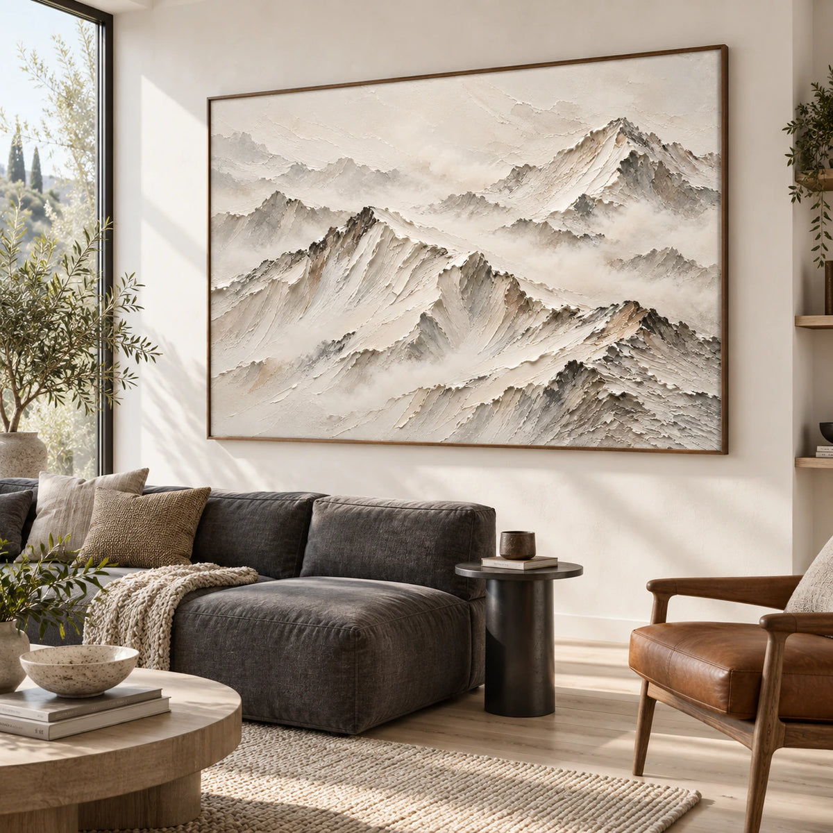 Silent-Ridges as the focal artwork in a bright contemporary living room.