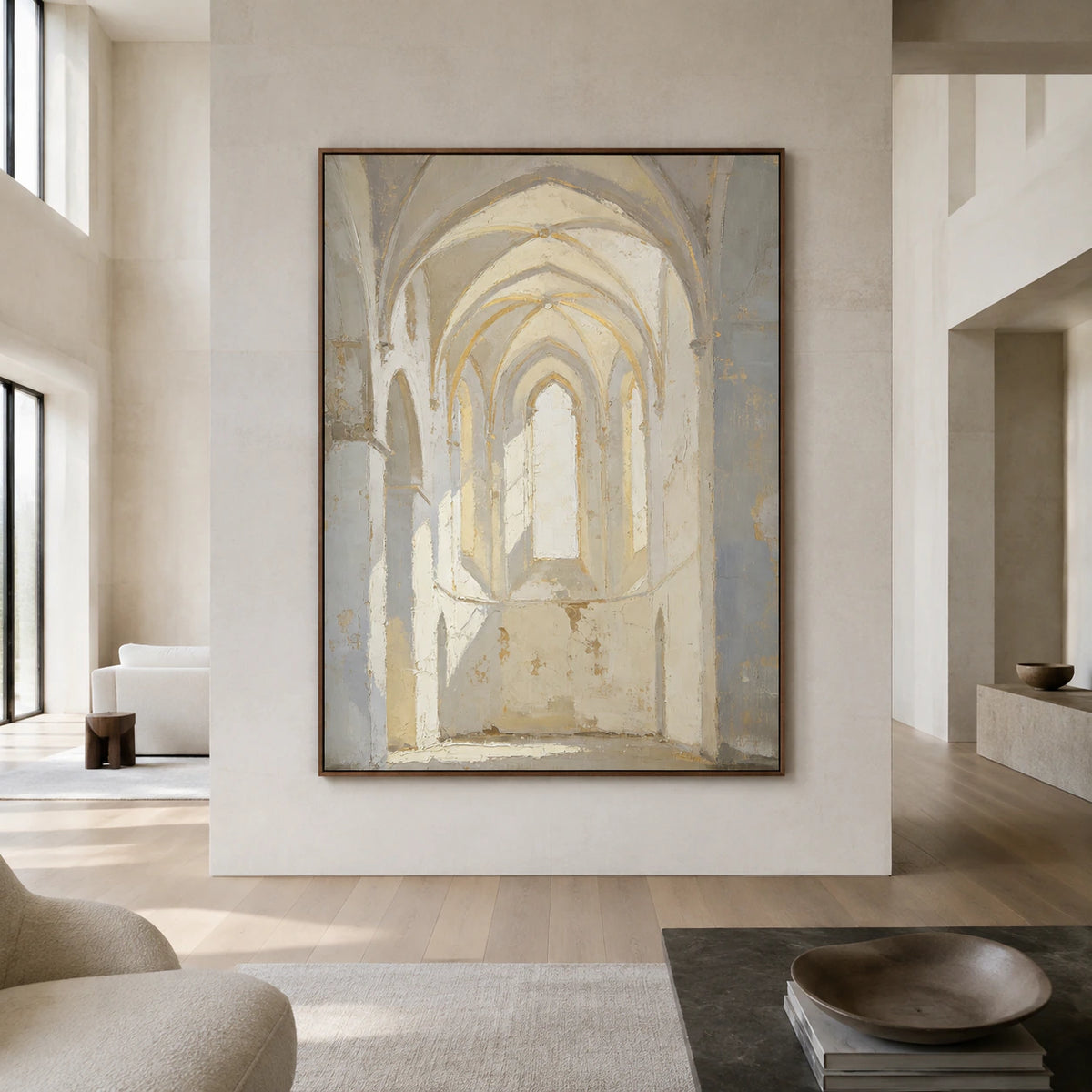 Large textured ivory and grey arch painting displayed straight-on in a spacious daylight-filled architectural living space.