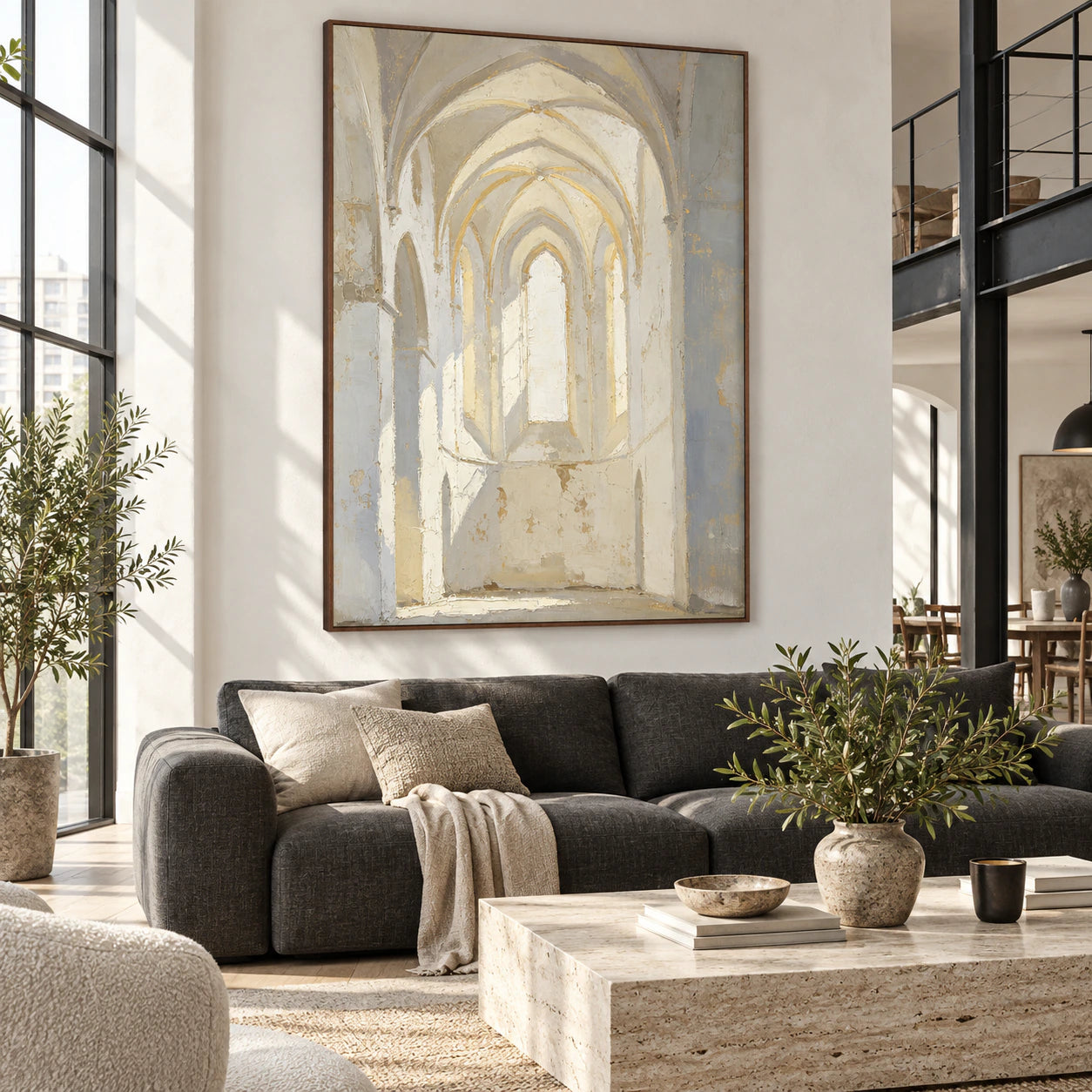 Textured ivory and grey arch painting as the focal point of a bright contemporary living room.