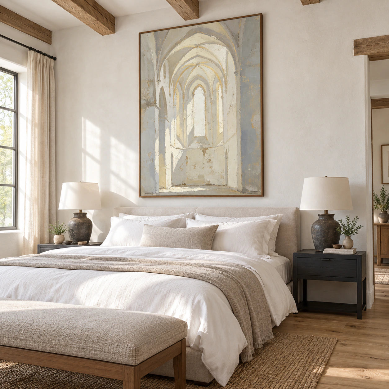 Textured ivory and grey arch painting anchoring a quiet, light-filled bedroom.