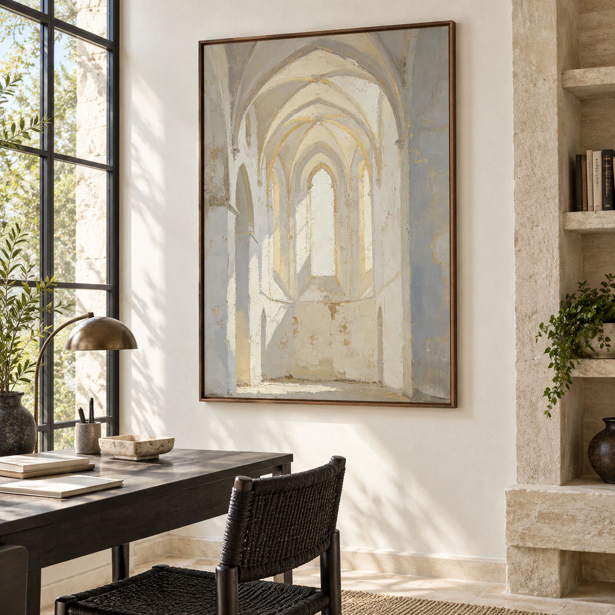 Textured ivory and grey arch painting in an airy home office reading space.