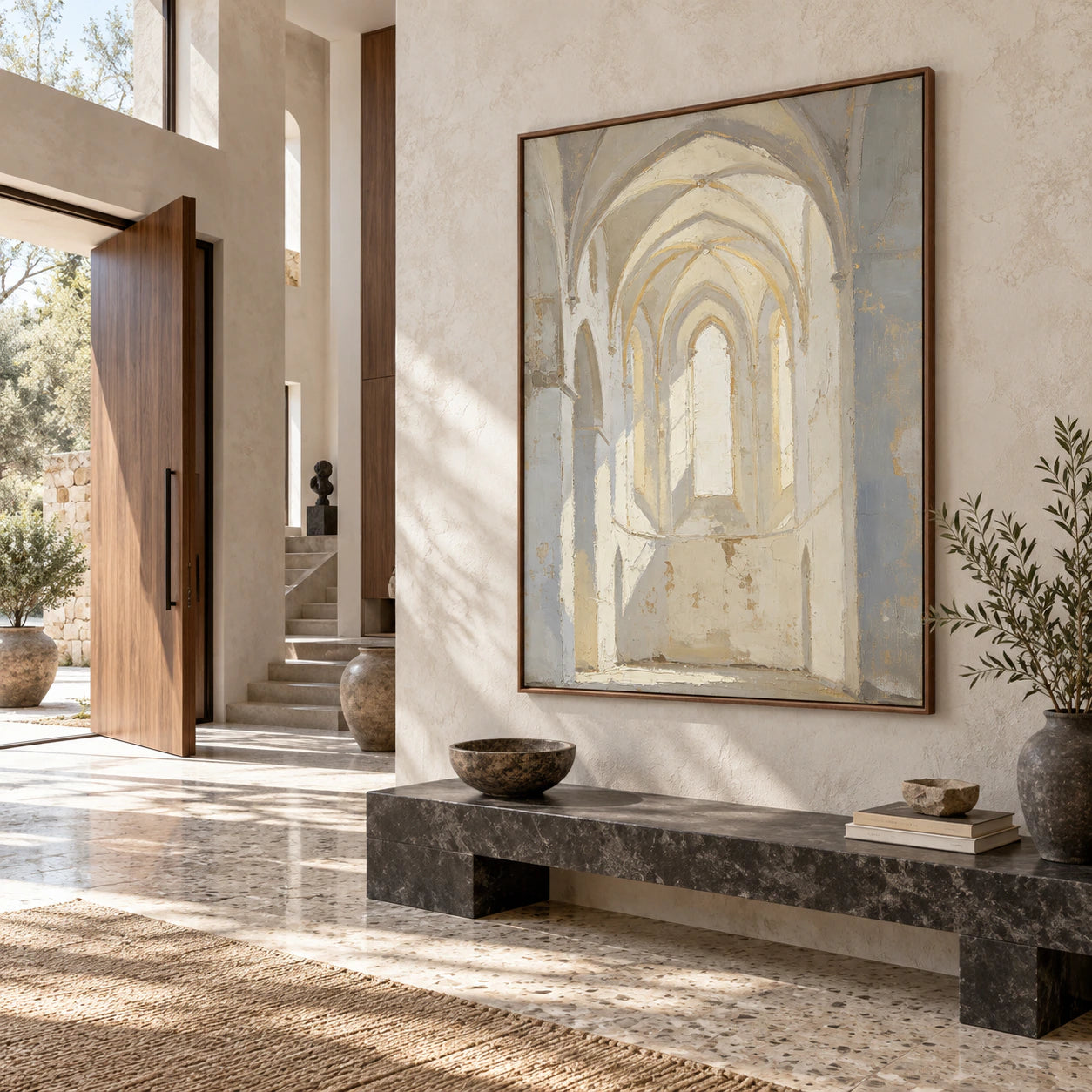 Large textured arch painting presented in a bright gallery-scale foyer.