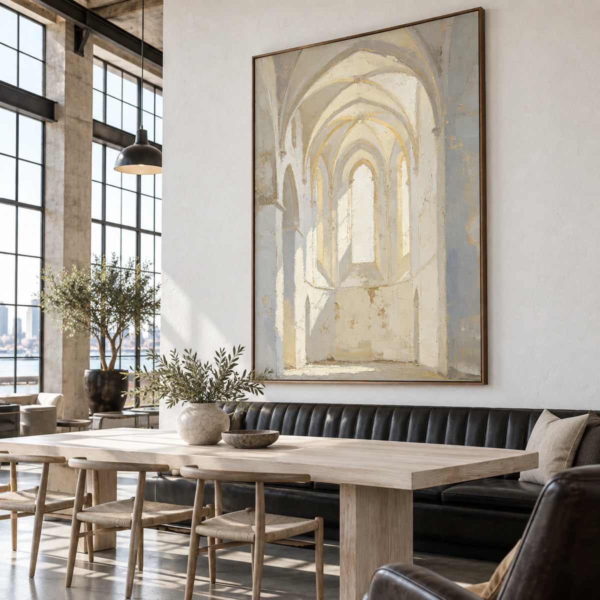 Textured ivory and grey arch painting featured in an expansive daylight-filled loft interior.