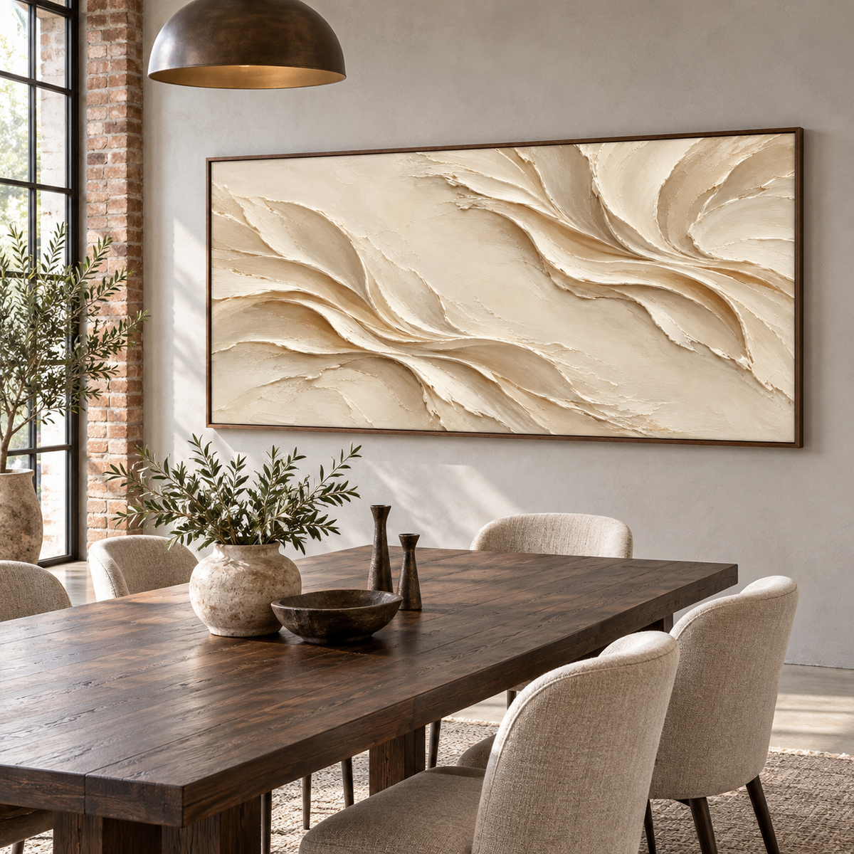 Silken-Rills centered above a long dining table in a refined, daylight-filled dining room, the artwork's warm ivory ridges standing apart from dark wood and muted furnishings.