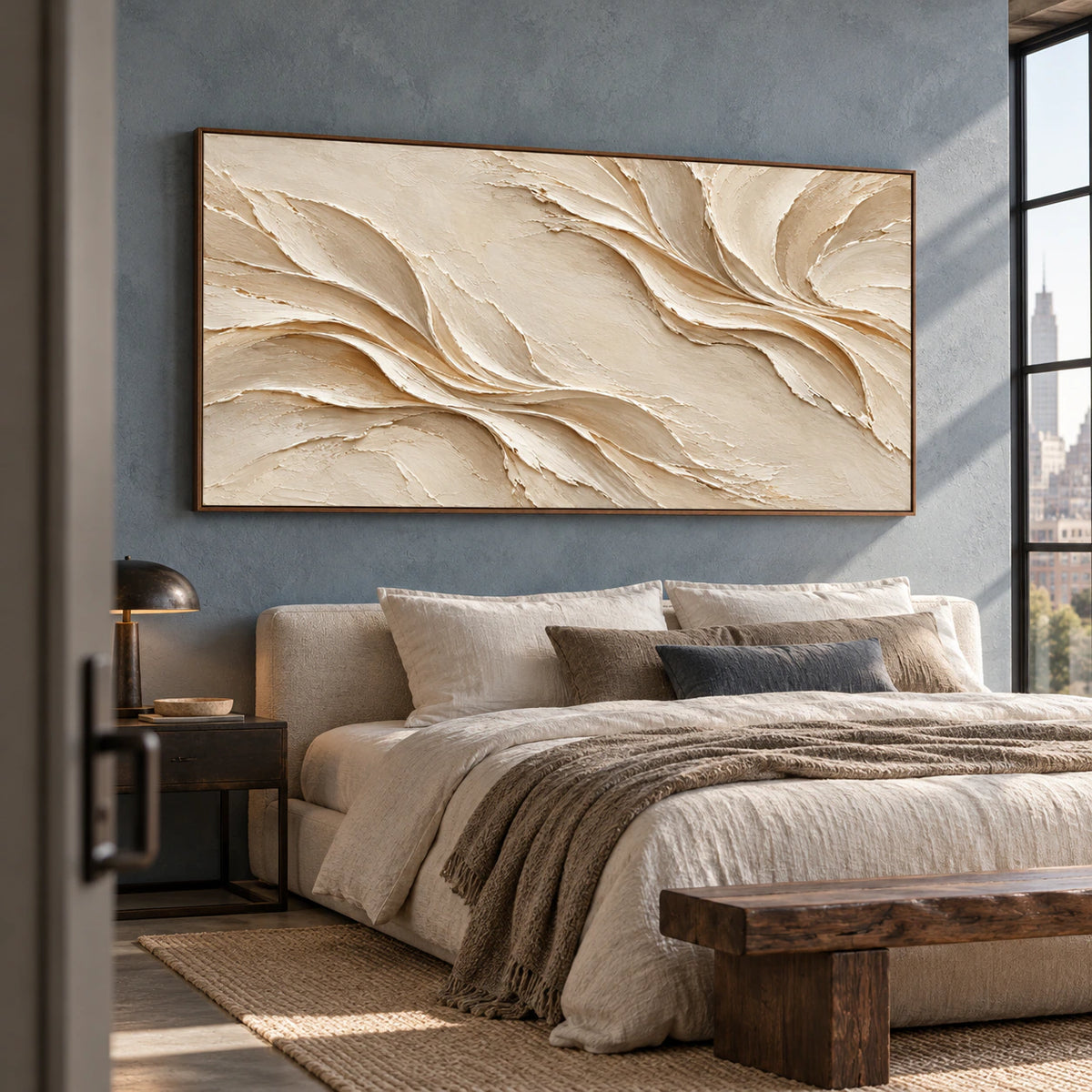 Silken-Rills above a low bed in a quiet, naturally lit bedroom, its ivory layered folds set against a softly contrasting cool gray wall and simple linen bedding.