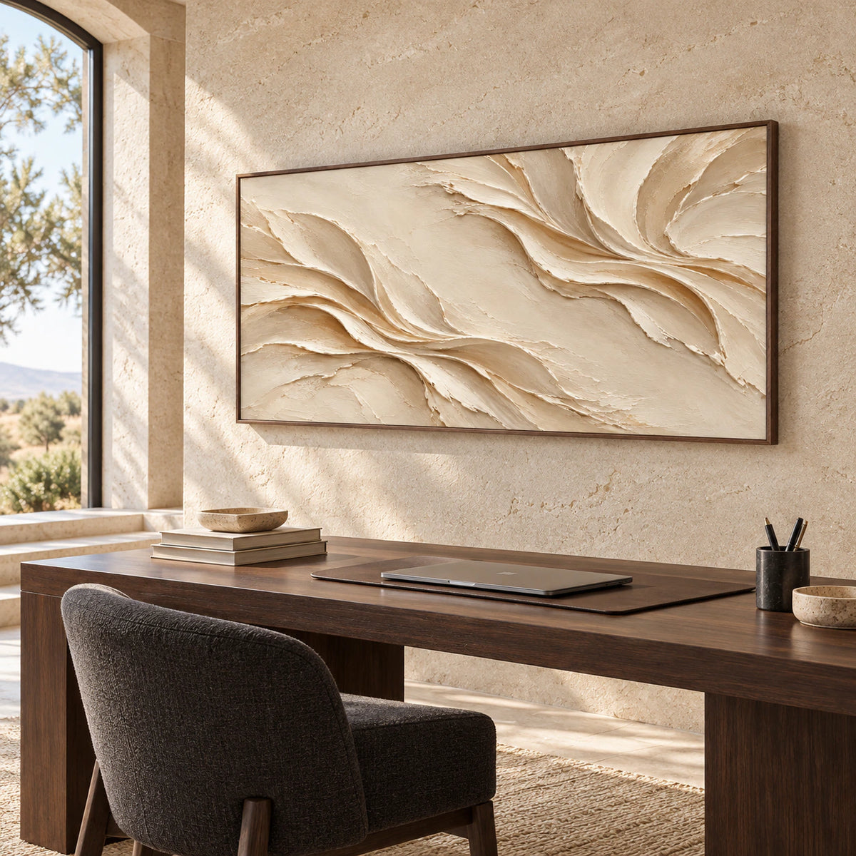 Silken-Rills commands an airy home office reading space, displayed above a dark timber desk with daylight revealing the artwork's raised, flowing texture.