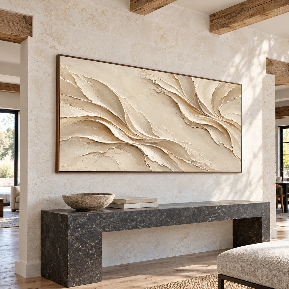 Silken-Rills fills the wall of a bright gallery-scale foyer, its warm ivory relief drawing the eye beyond a dark stone console and open architectural passage.