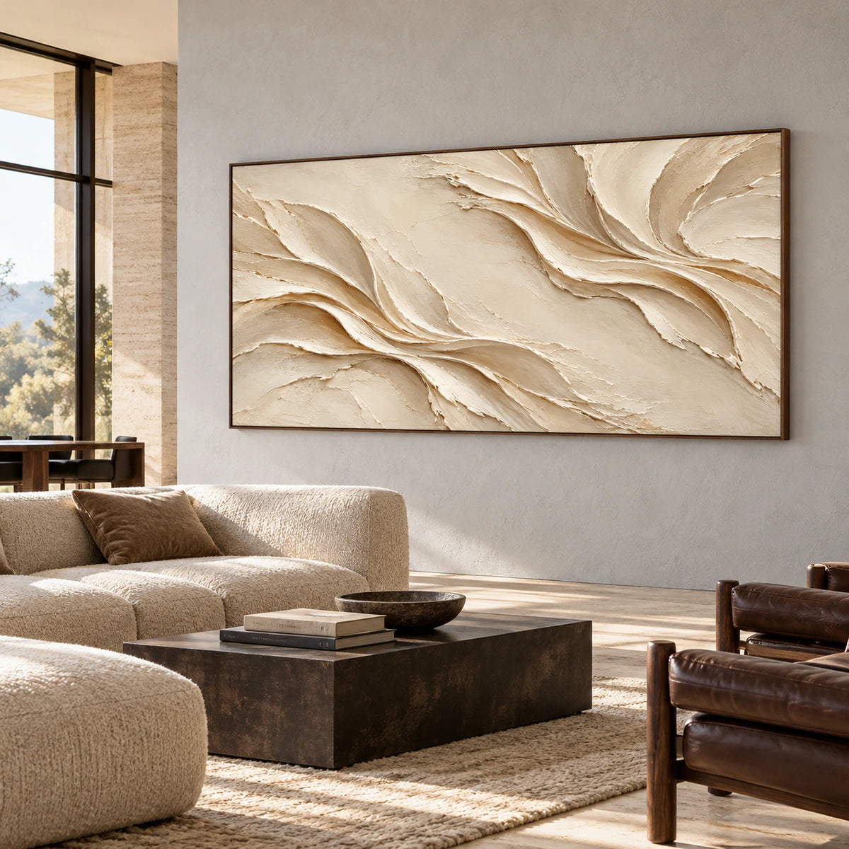 Silken-Rills displayed at large scale in an expansive loft interior, its ivory folds distinct against a cool, pale concrete wall, with tall windows and restrained furnishings.
