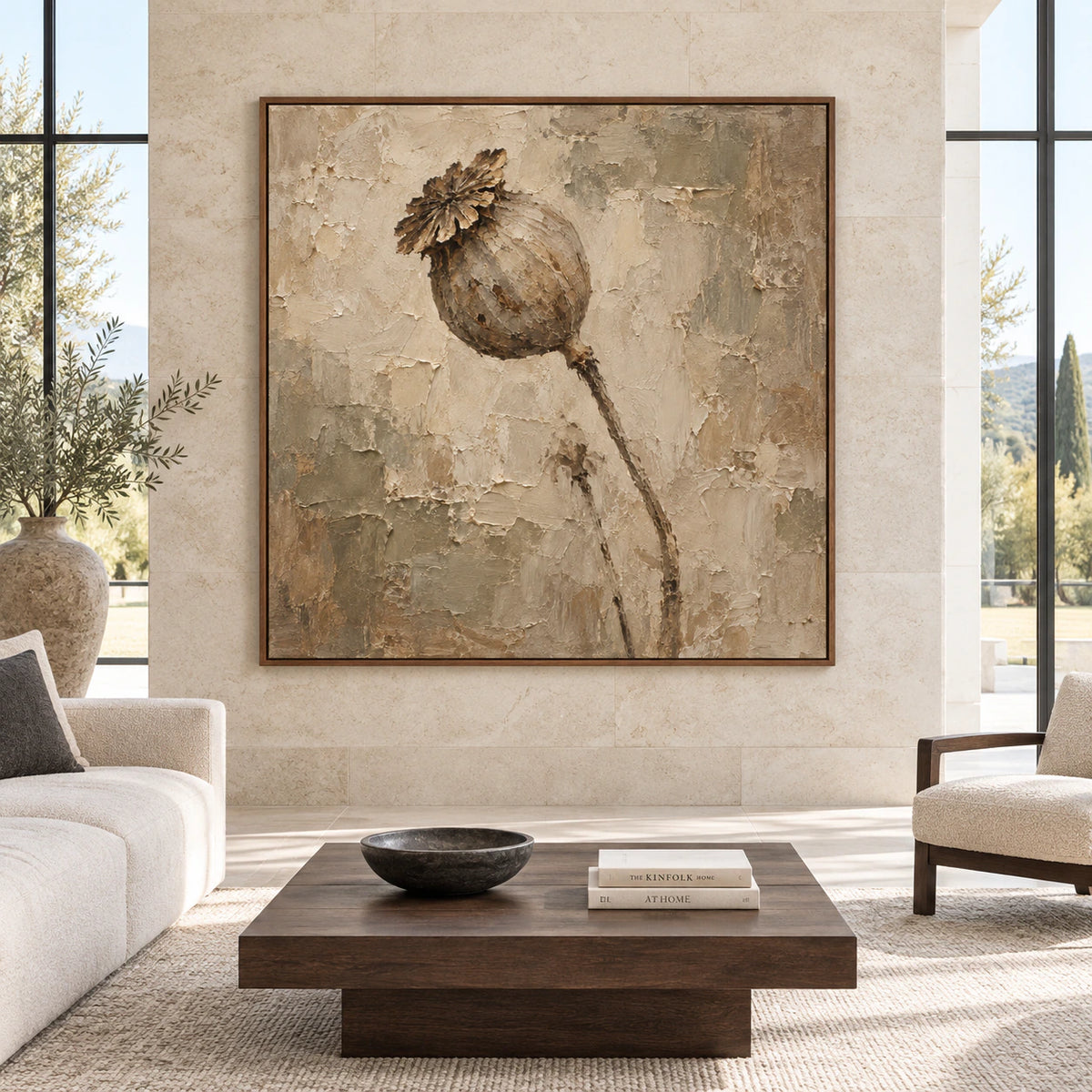 Large square textured floral artwork displayed straight-on in a spacious daylight-filled architectural living room.