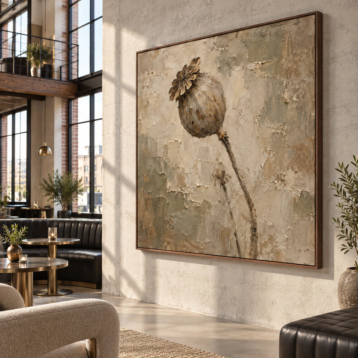 Textured floral artwork featured prominently in an expansive loft hospitality interior.