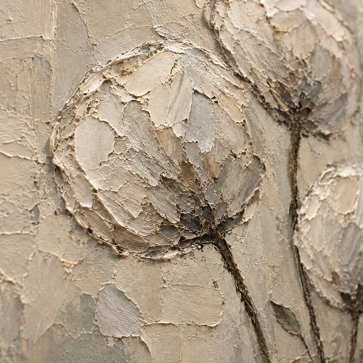 Silt-Blooms oil painting brushwork and impasto detail photographed from an oblique side angle