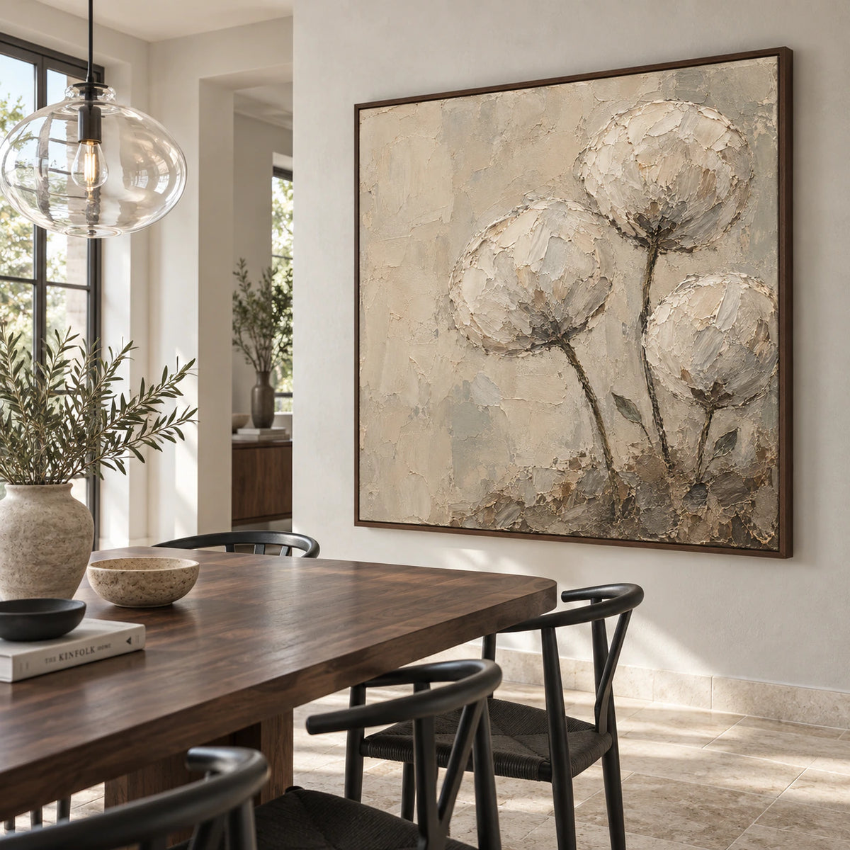 Square floral impasto artwork anchoring a refined daylight dining room.