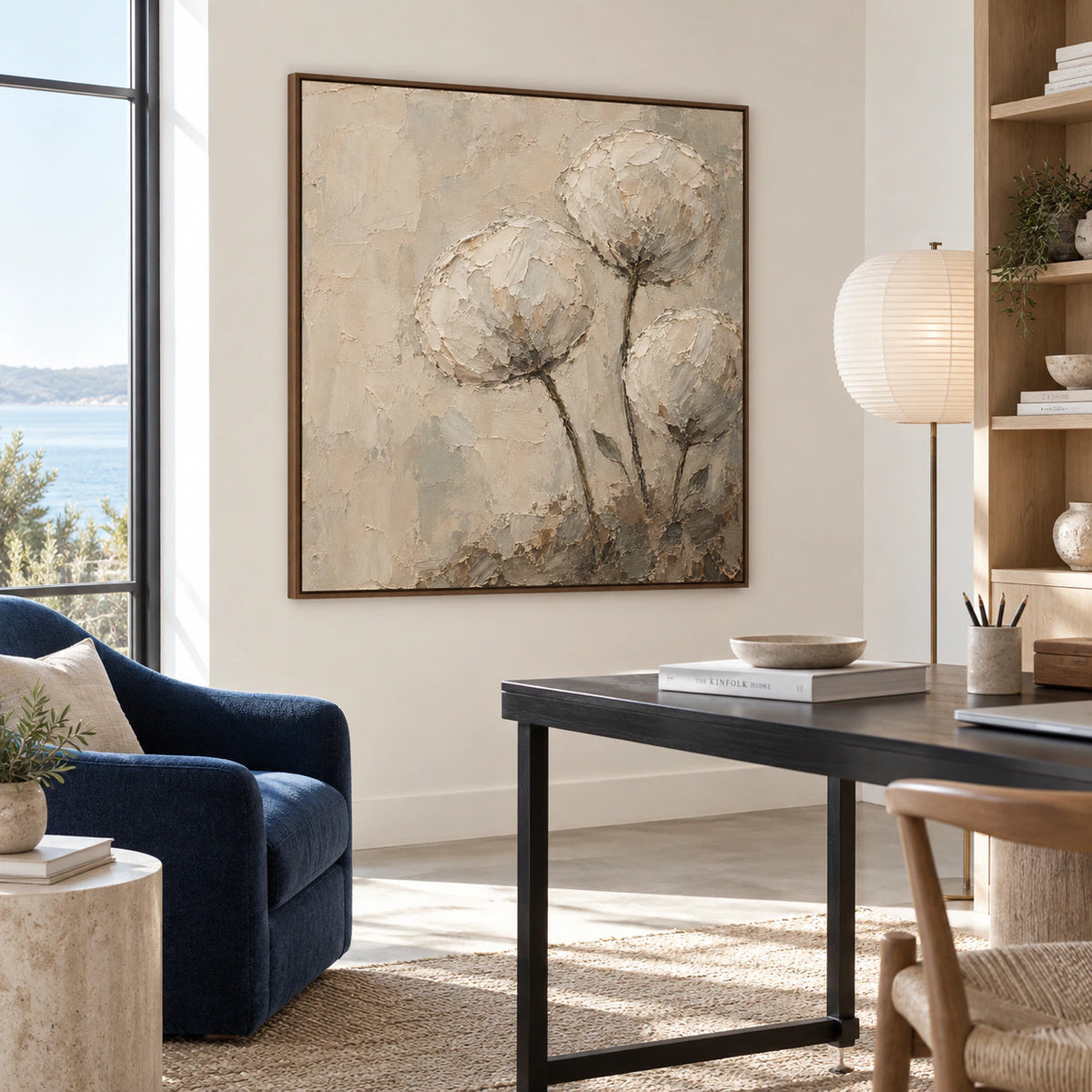 Square floral artwork in an airy reading office with natural daylight.