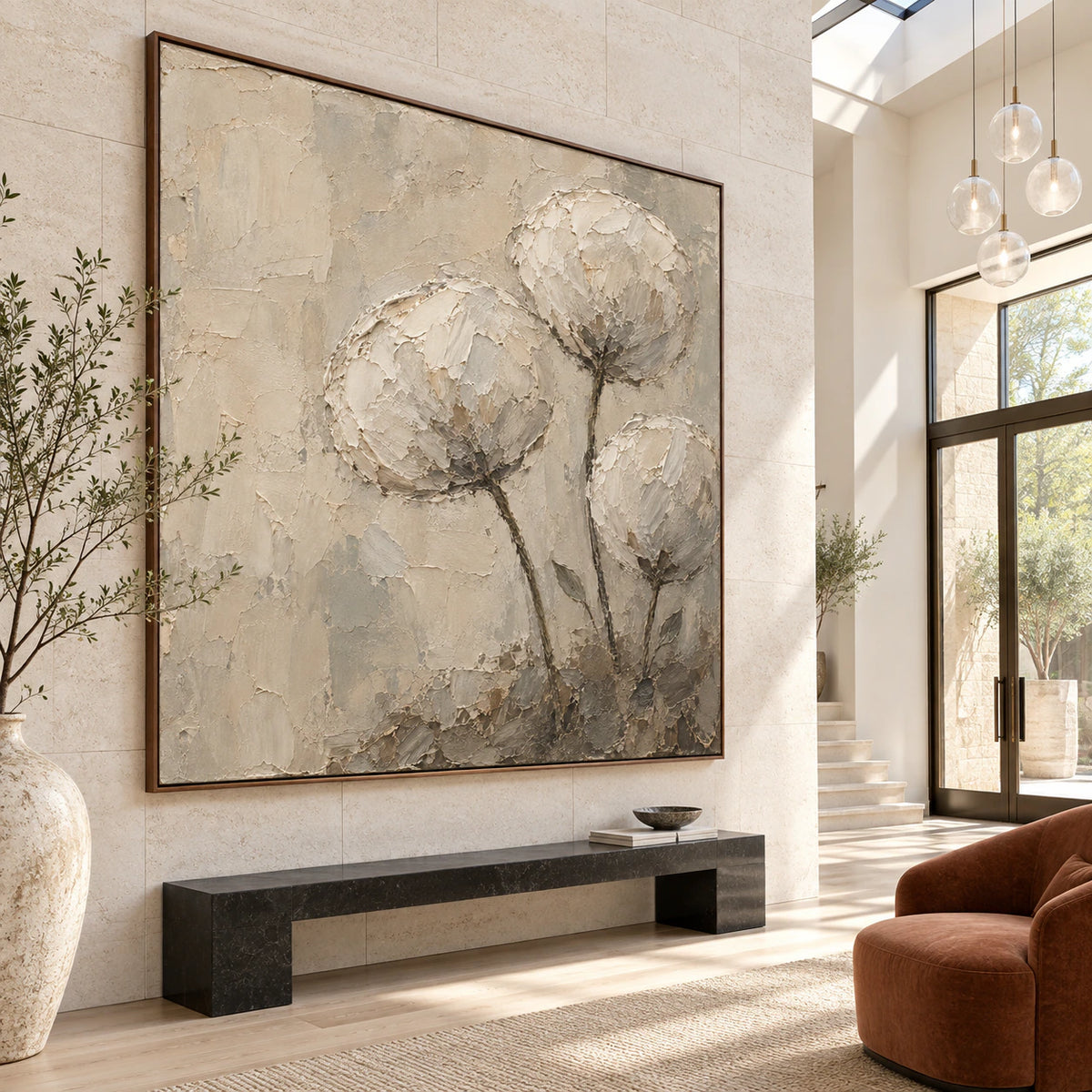 Large textured floral painting as the focal point of a gallery-scale foyer.
