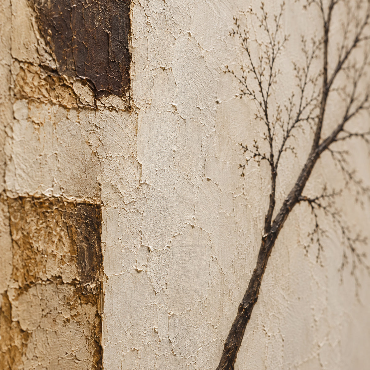Silt-Bough oil painting brushwork and impasto detail photographed from an oblique side angle