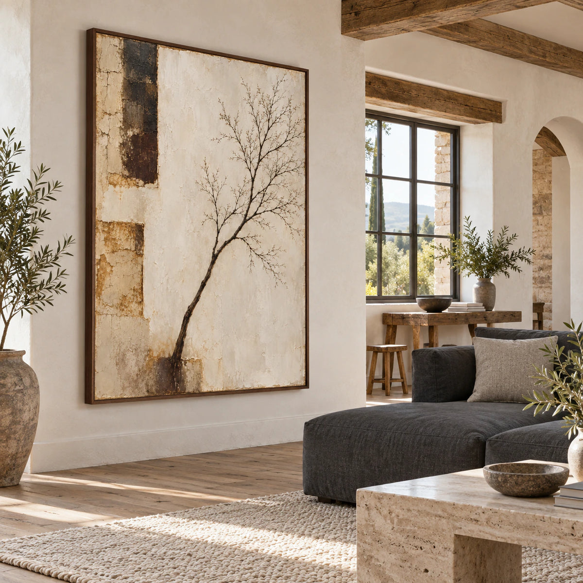 Silt-Bough above a restrained sofa in a bright daylight-filled living room.