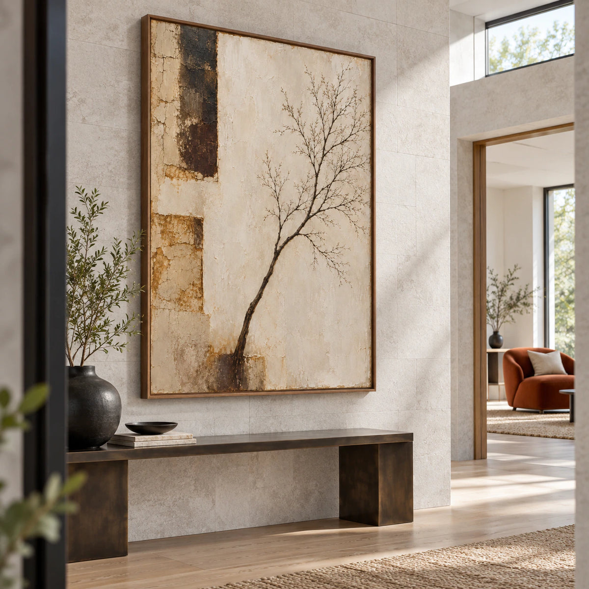 Silt-Bough at gallery scale in a luminous stone foyer.