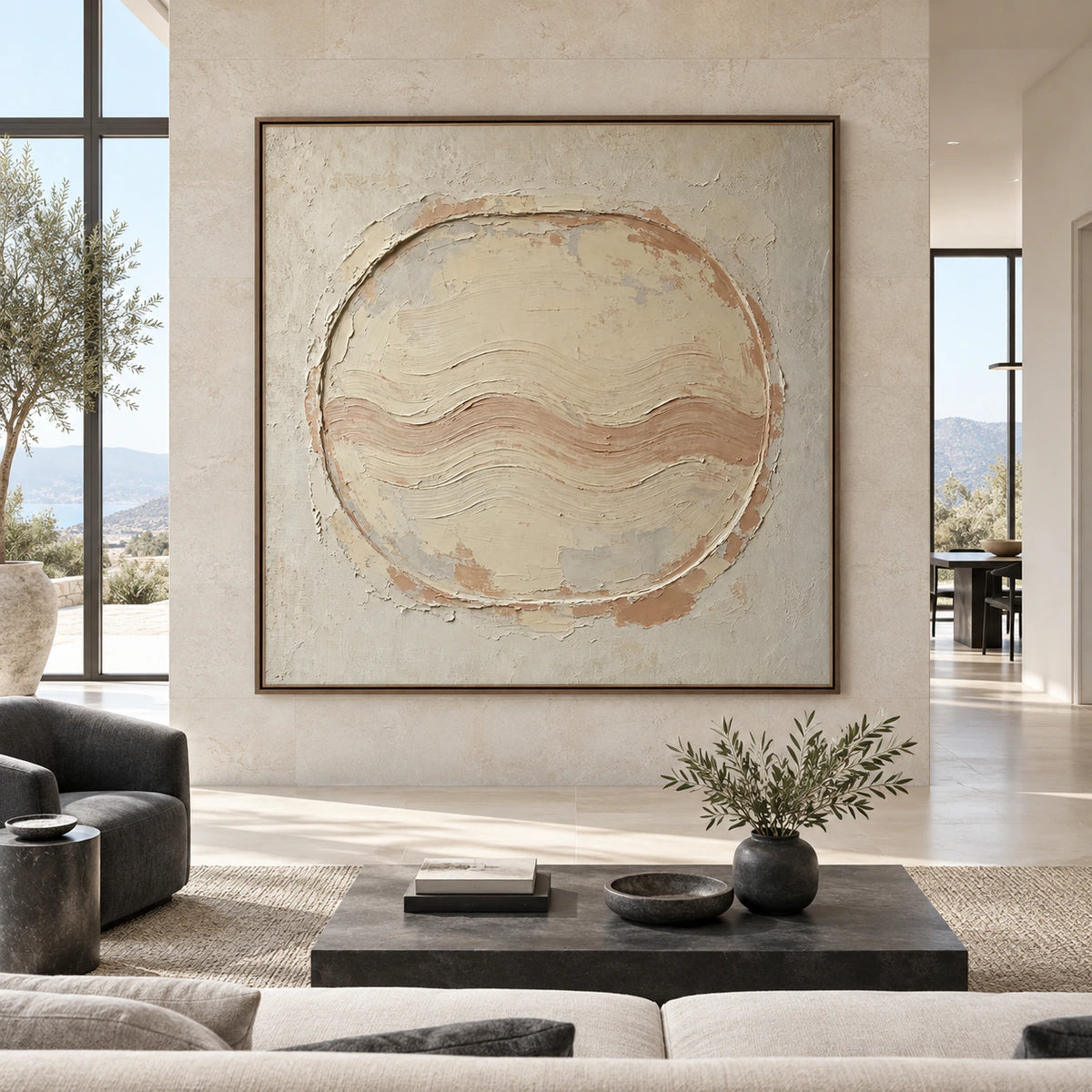 Large square textured abstract painting with ivory, sand and clay ripples shown straight-on in a spacious daylight interior.
