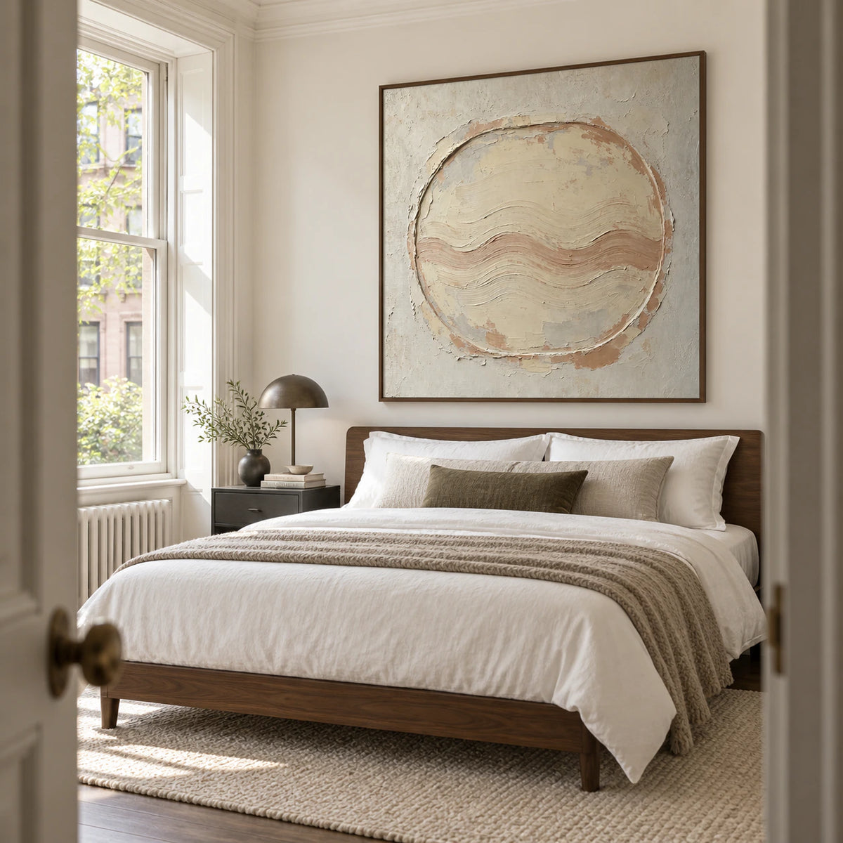 Square sand and ivory textured abstract painting above a calm, light-filled bedroom.