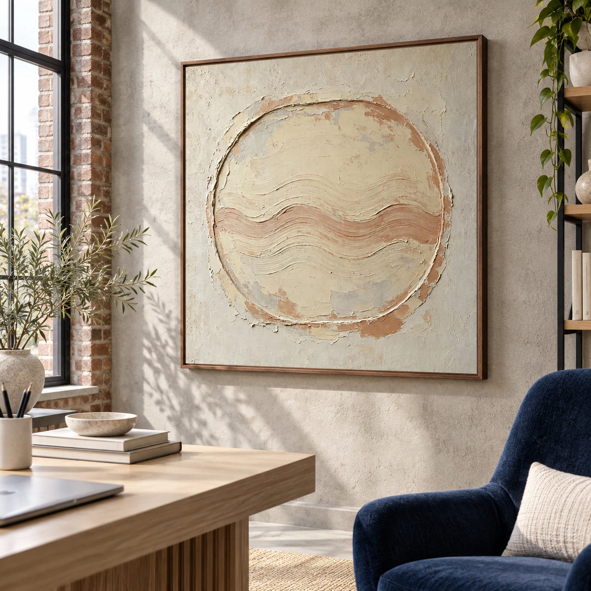Square textured abstract painting with clay ripple bands in an airy reading office.