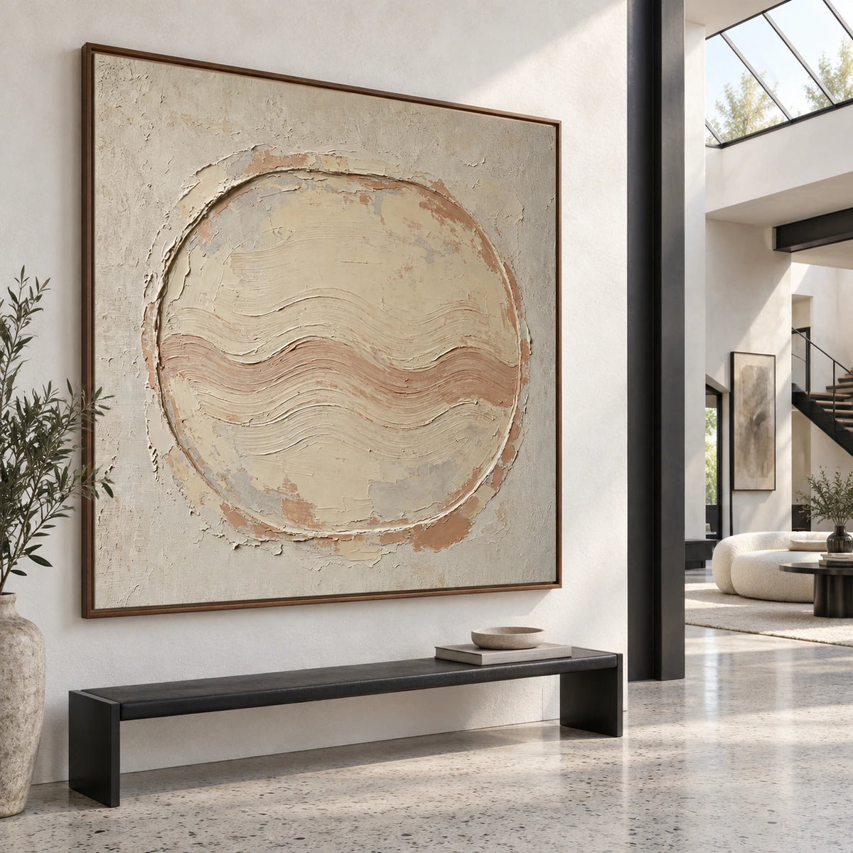 Large square textured abstract painting presented in a gallery-scale daylight foyer.