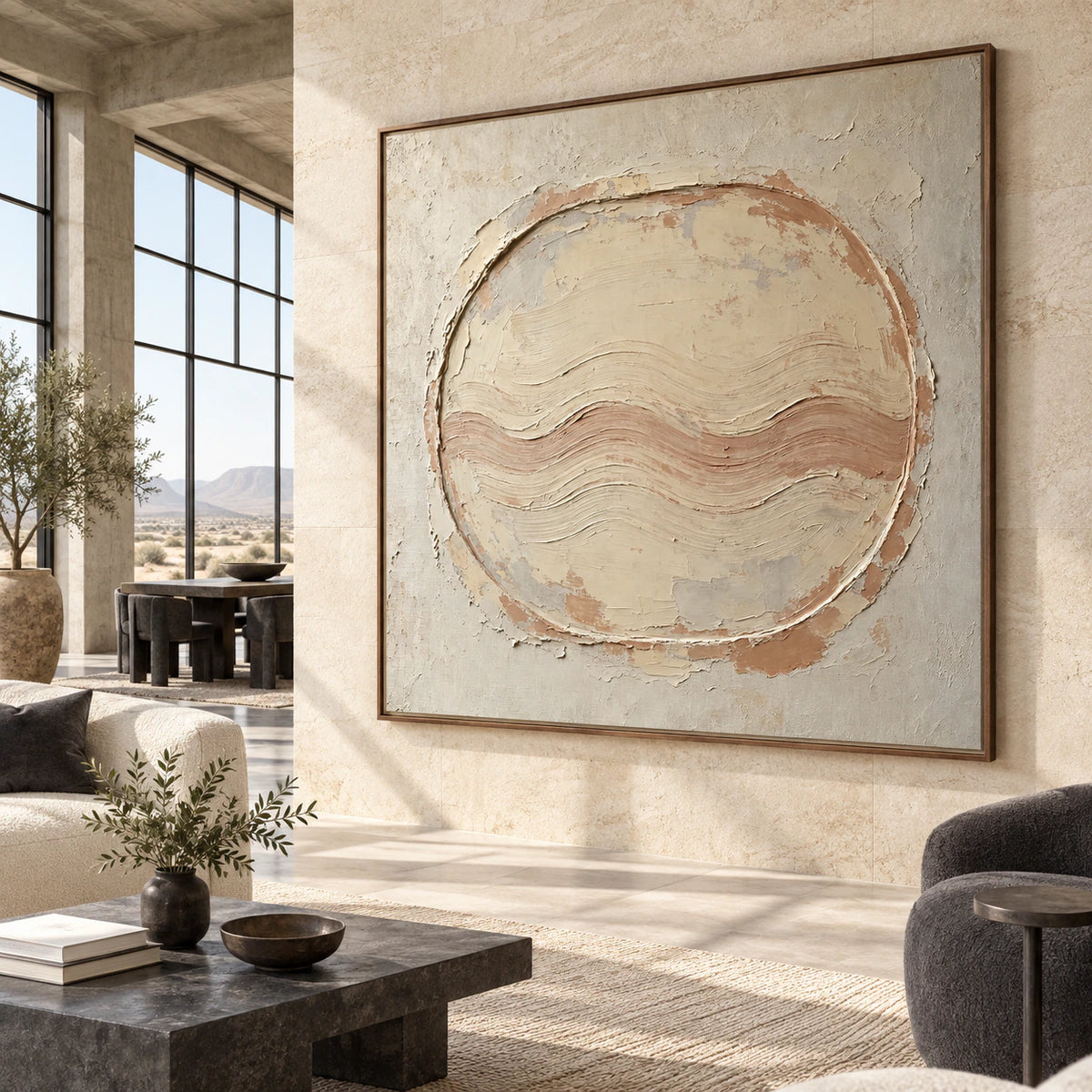 Square ivory, sand and clay textured abstract painting in an expansive contemporary loft interior.
