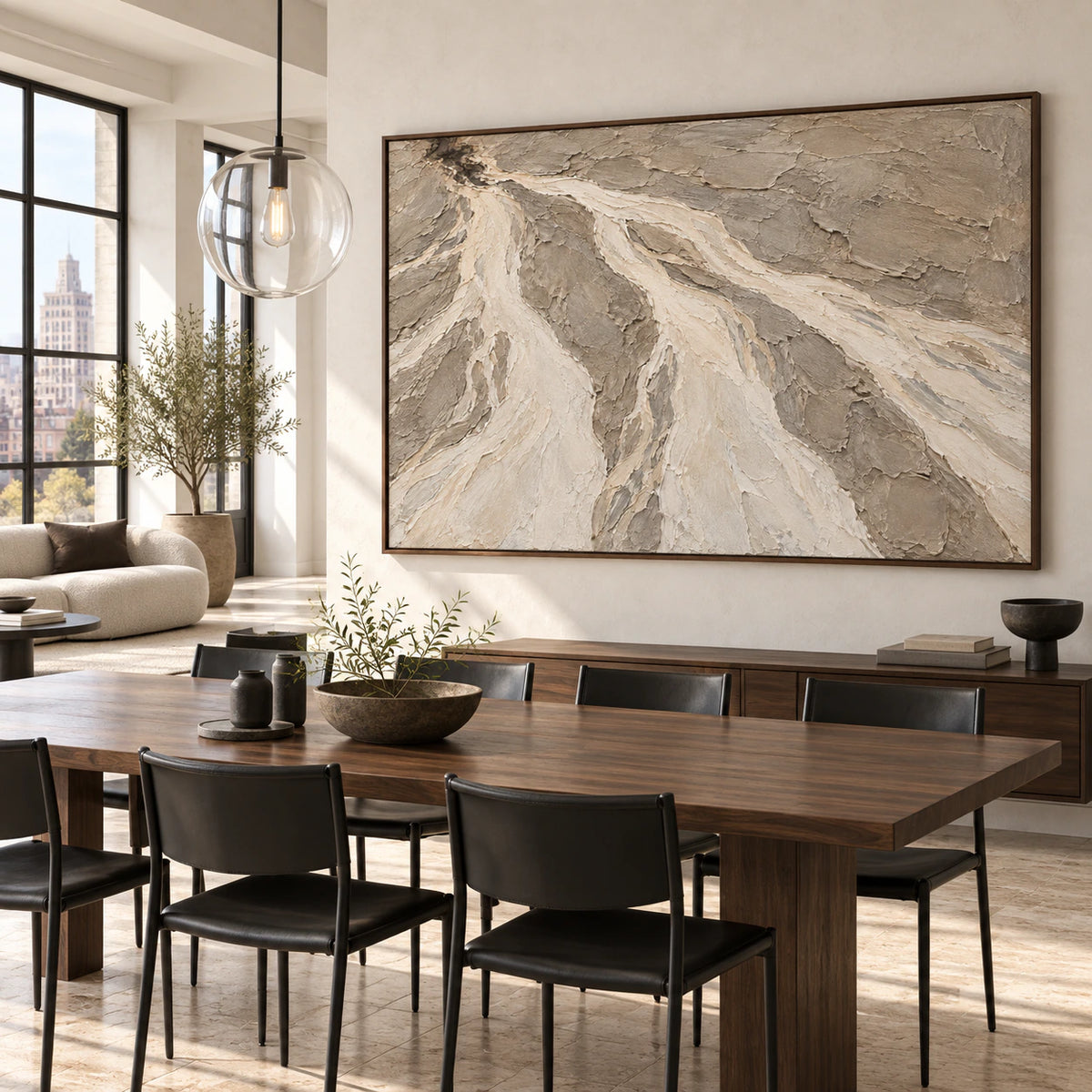 Silt-Current in a refined daylight dining room with sculptural furnishings.