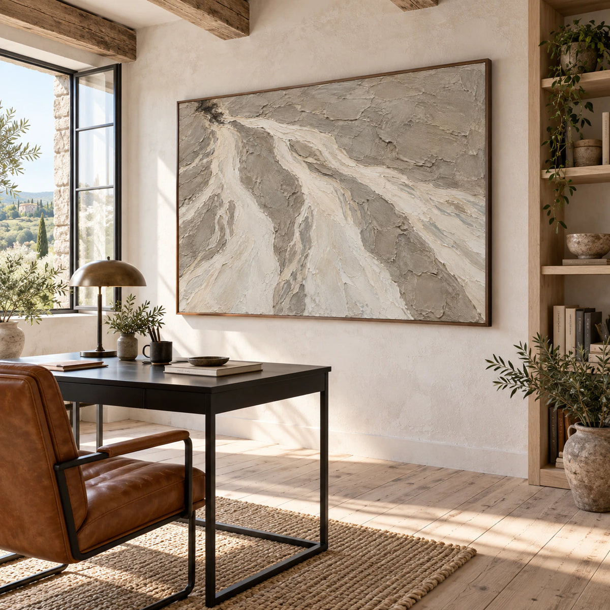 Silt-Current in an airy home office with a reading chair and daylight.