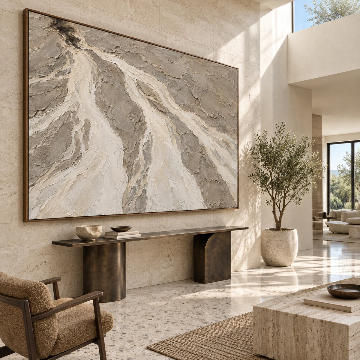 Silt-Current at gallery scale in a bright architectural foyer.