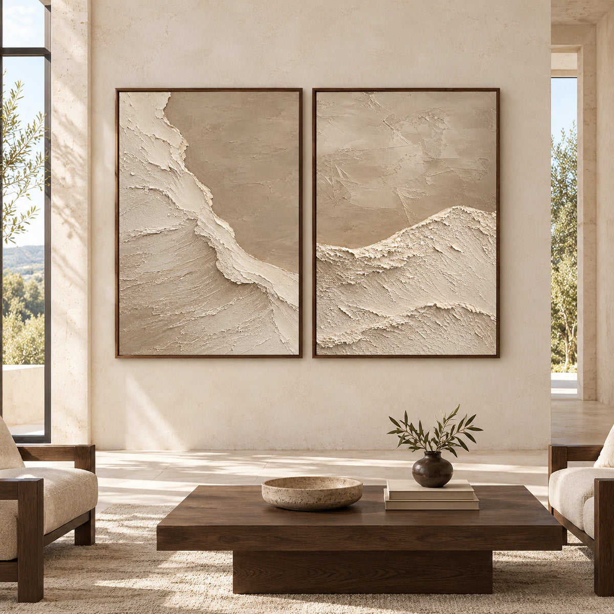 Silt-Escarpment diptych displayed at large scale in a straight-on architectural living space