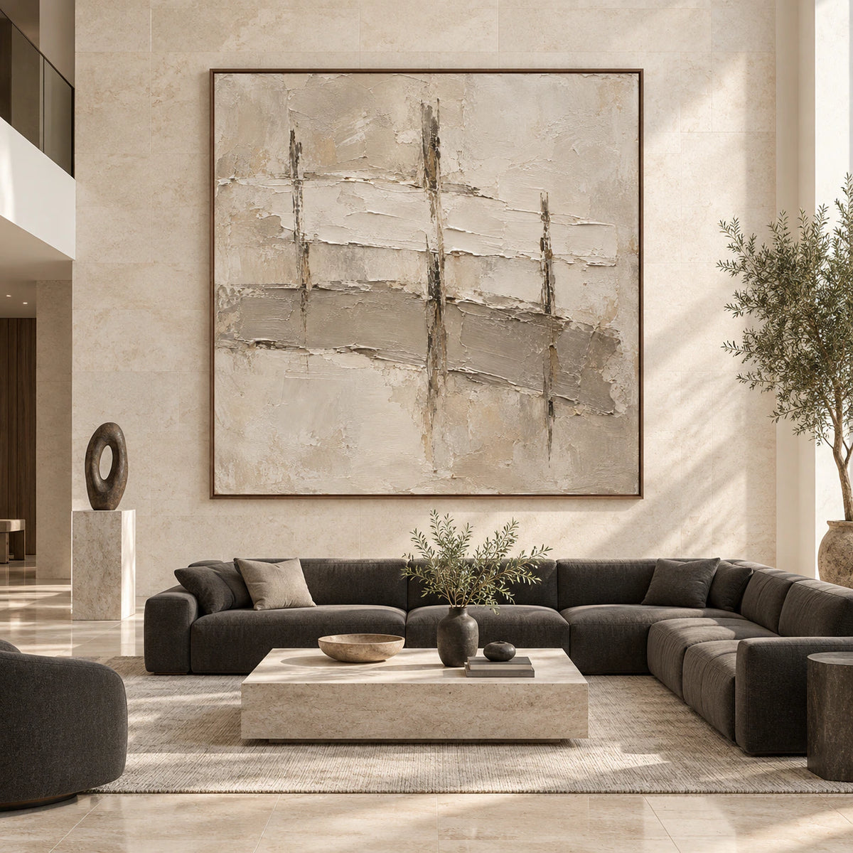 Silt-Grid displayed at large scale in a bright architectural living space, viewed perfectly straight-on.