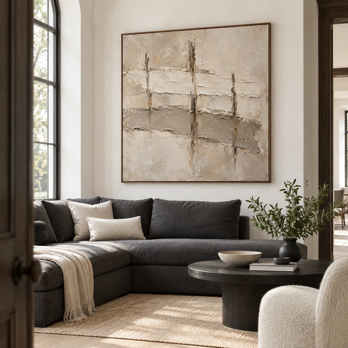 Silt-Grid as a large focal artwork in a bright contemporary living room.