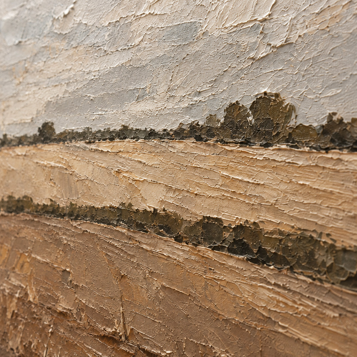Silt-Horizon oil painting brushwork and impasto detail photographed from an oblique side angle