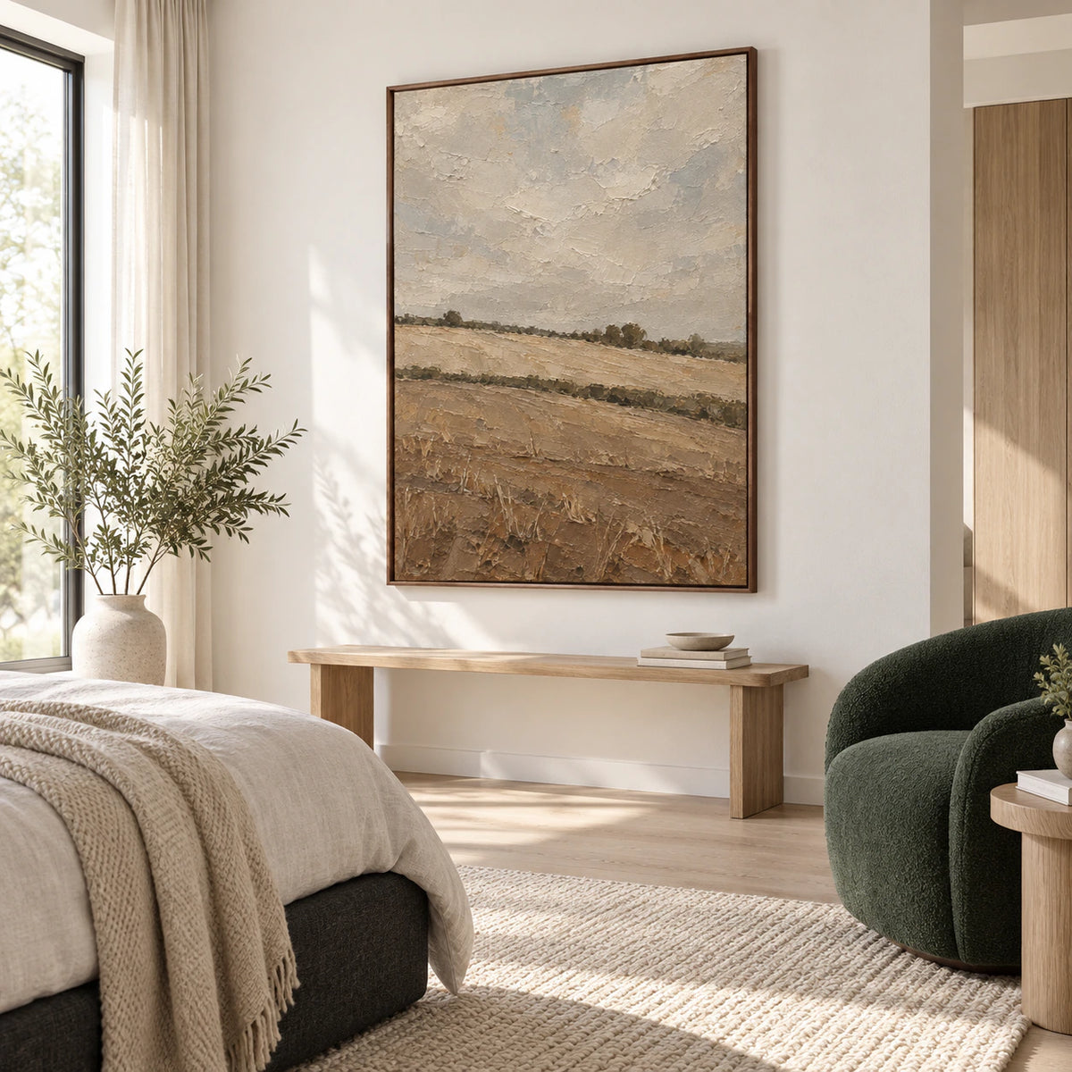 Silt-Horizon bringing a quiet earth-toned focal point to a serene bedroom.