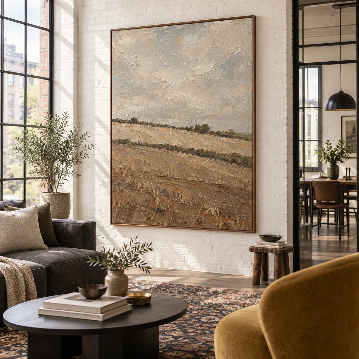 Silt-Horizon as a large-scale focal artwork in an open hospitality loft.