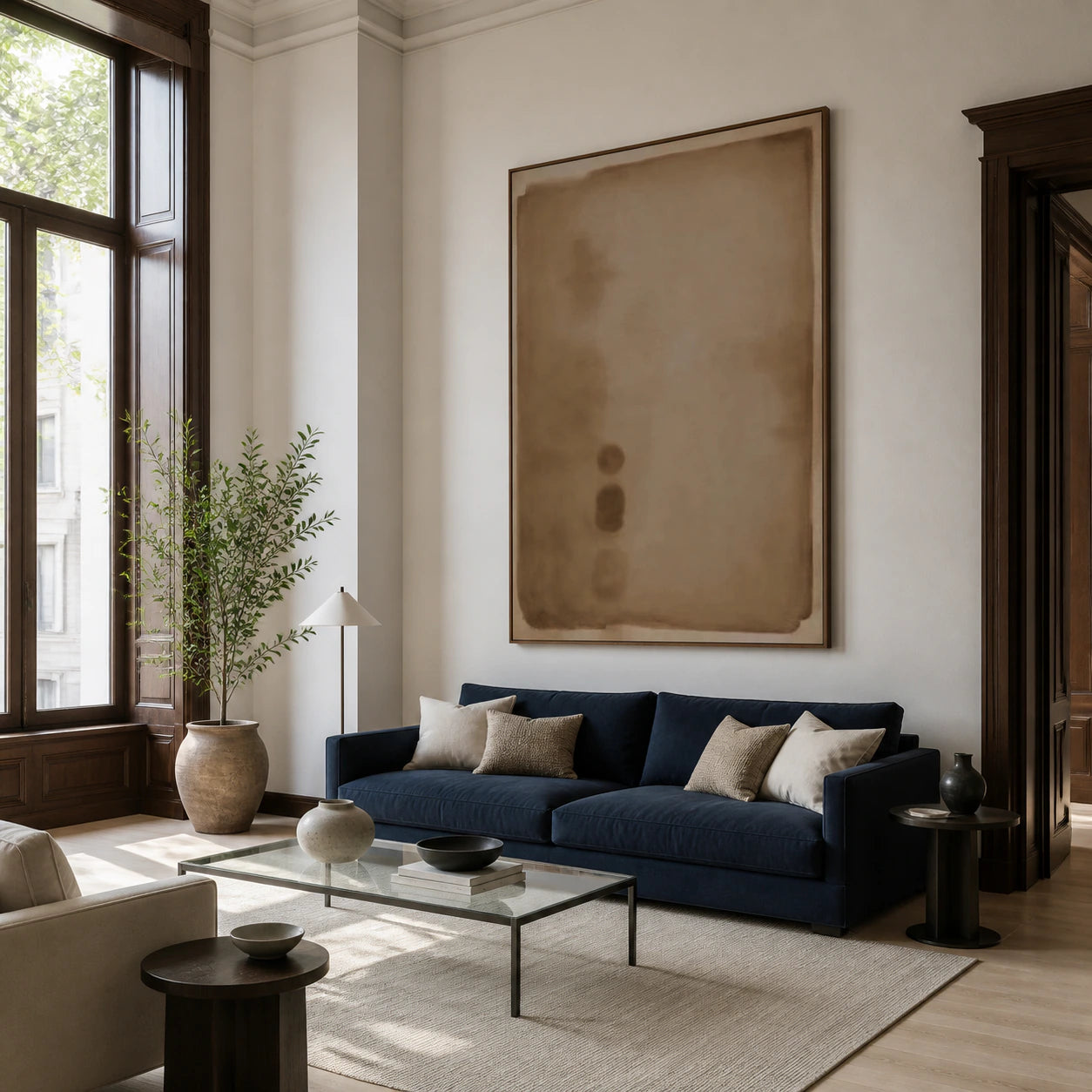 Silt-Index as a large focal artwork in a bright contemporary living room.