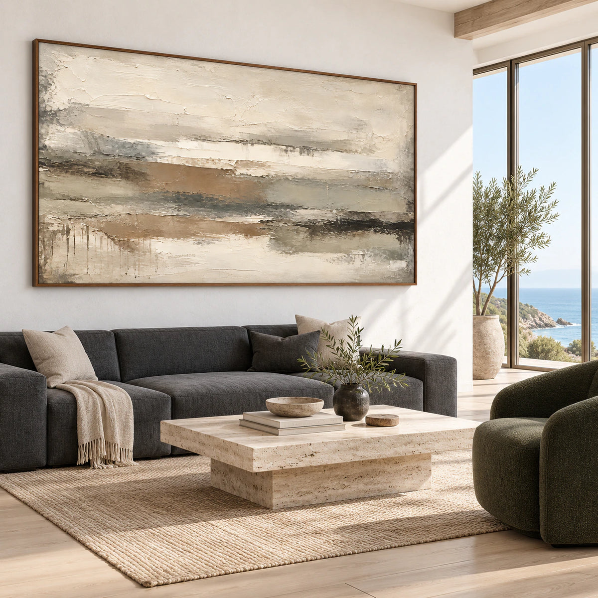 Silt-Interval above a restrained sofa in a bright contemporary living room.