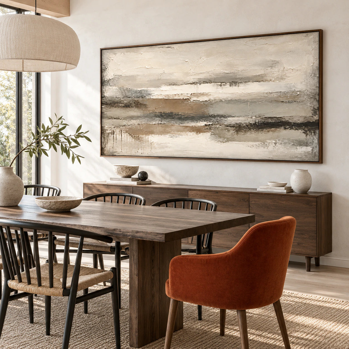 Silt-Interval as the focal artwork in a refined daylight dining room.