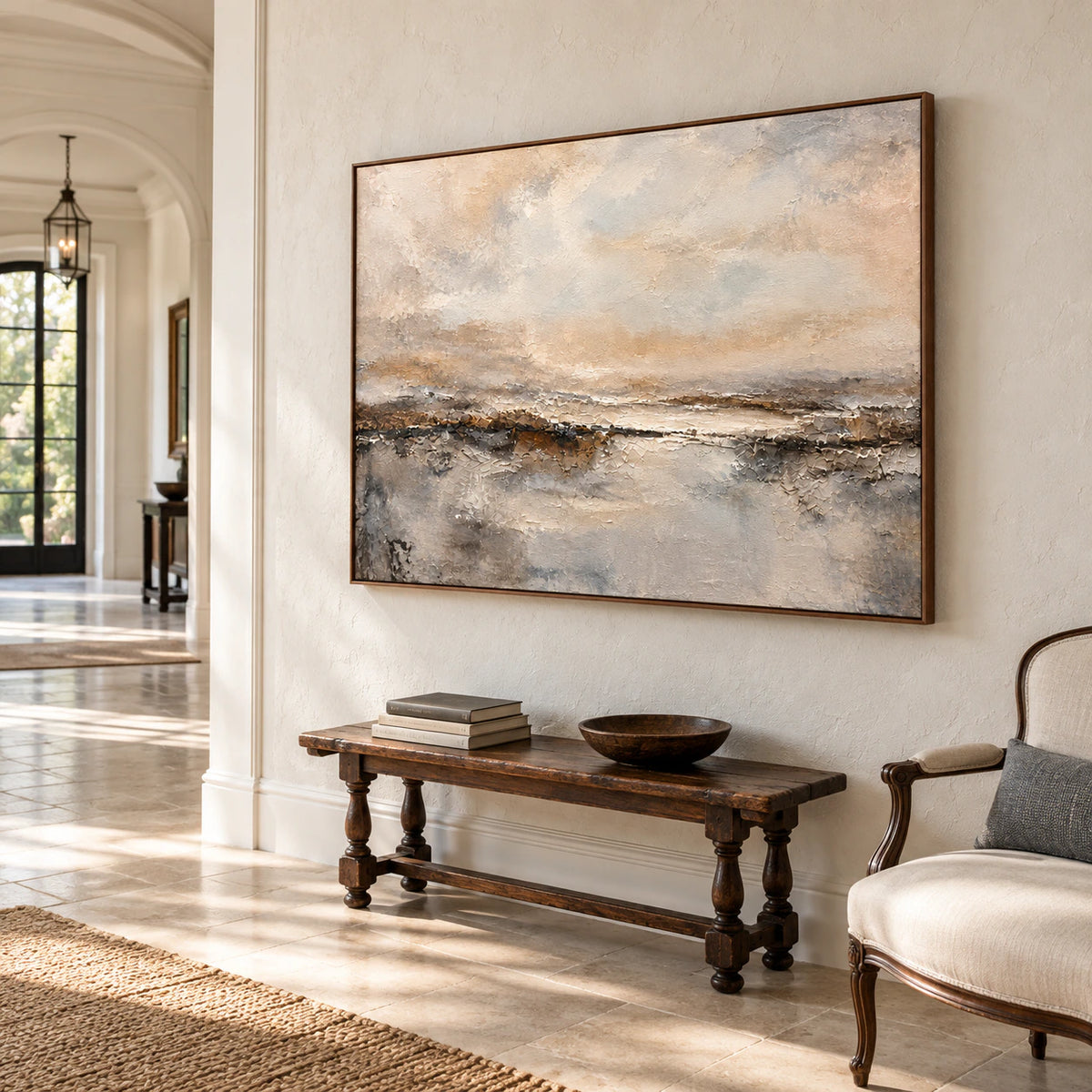 Monumental horizontal painting commanding a bright gallery-scale foyer with stone flooring and open architectural lines.