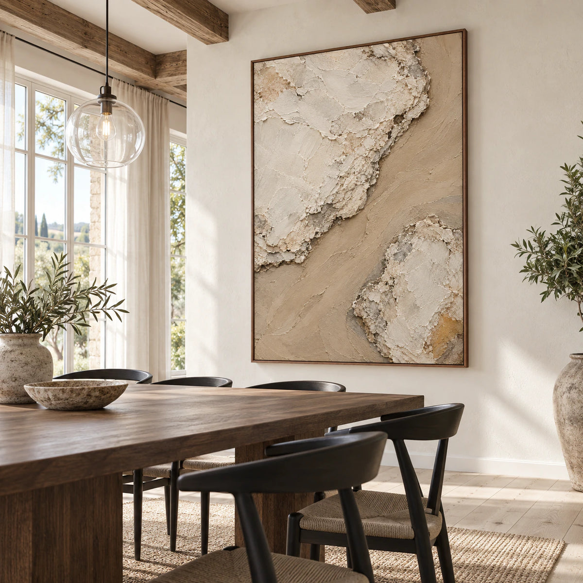 Silt-Ravine as the focal artwork in a refined daylight dining room.