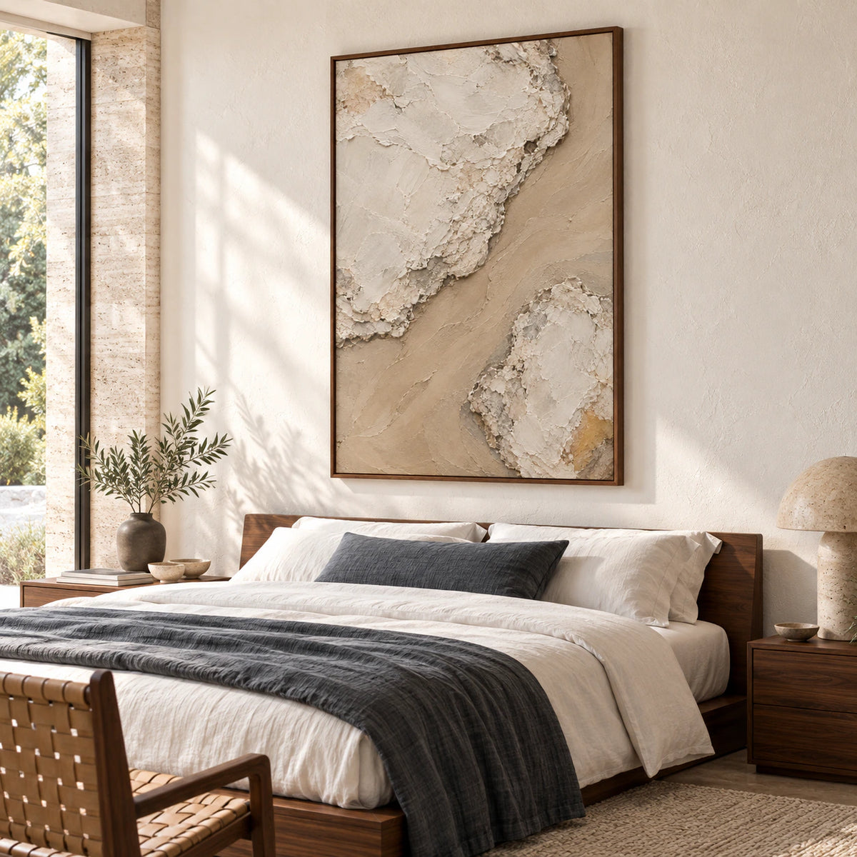 Silt-Ravine installed above a low bed in a quiet, light-filled bedroom.