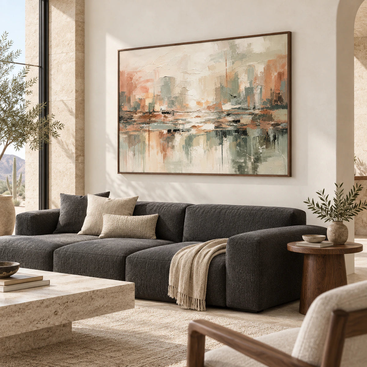 Silt-Reflection displayed above a neutral sofa in a bright living room.