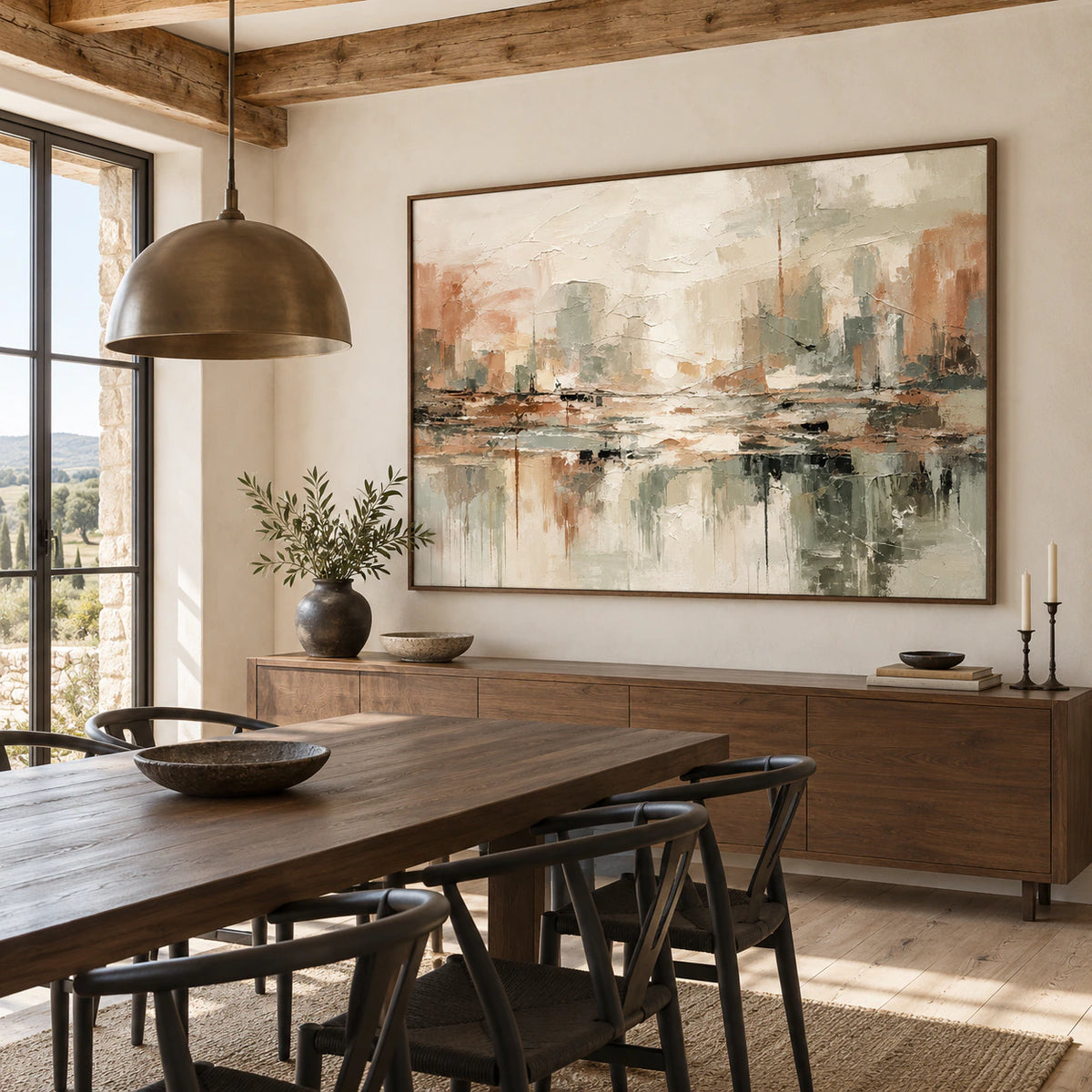 Silt-Reflection as the focal artwork in a refined daylight dining room.