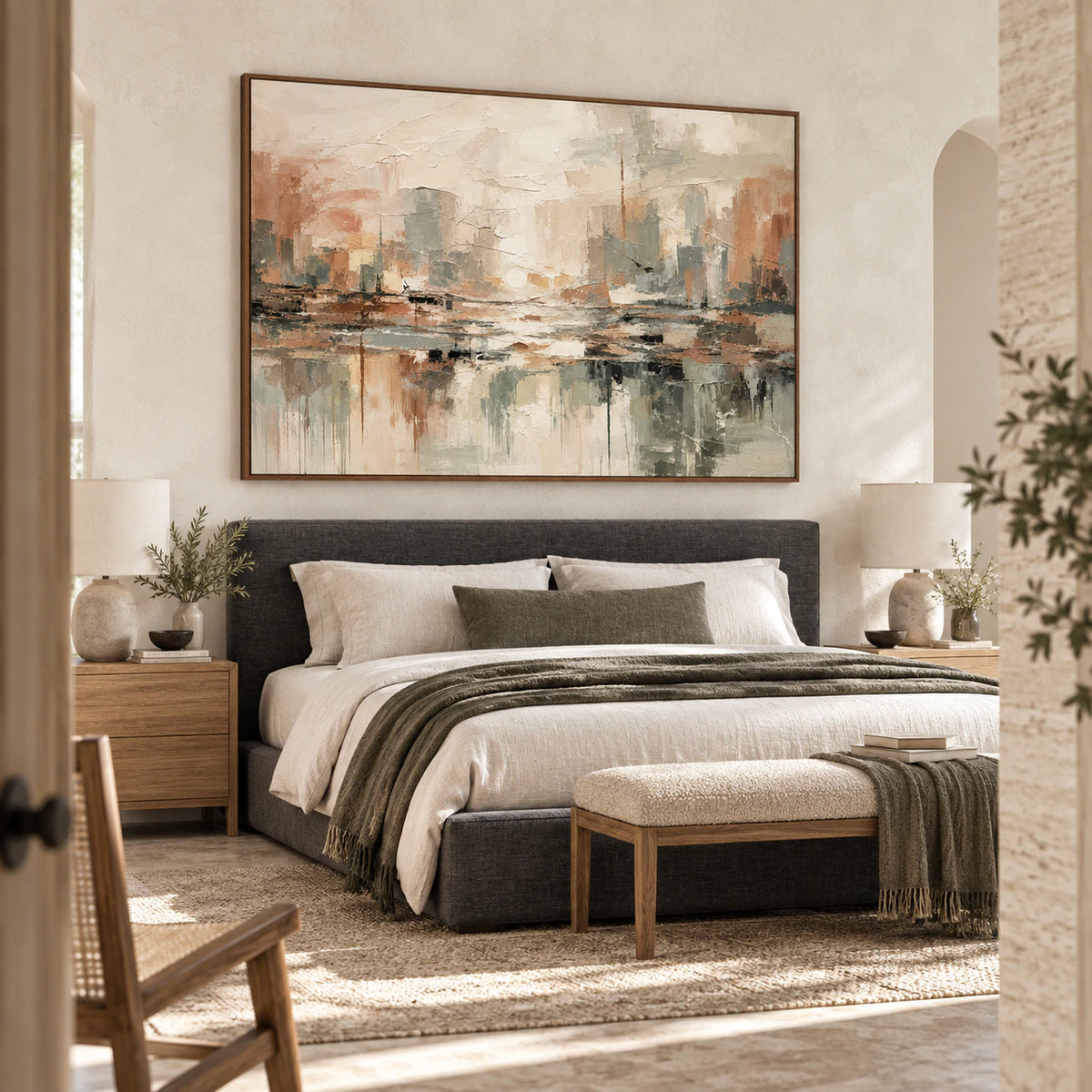 Silt-Reflection above a low bed in a quiet, softly lit bedroom.