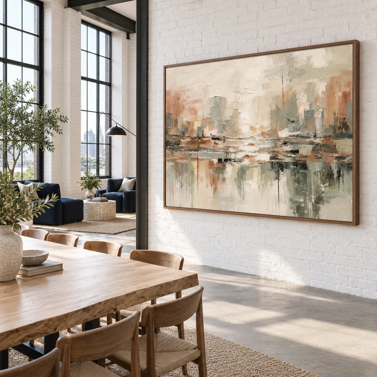 Silt-Reflection as a large focal artwork in an expansive loft interior.