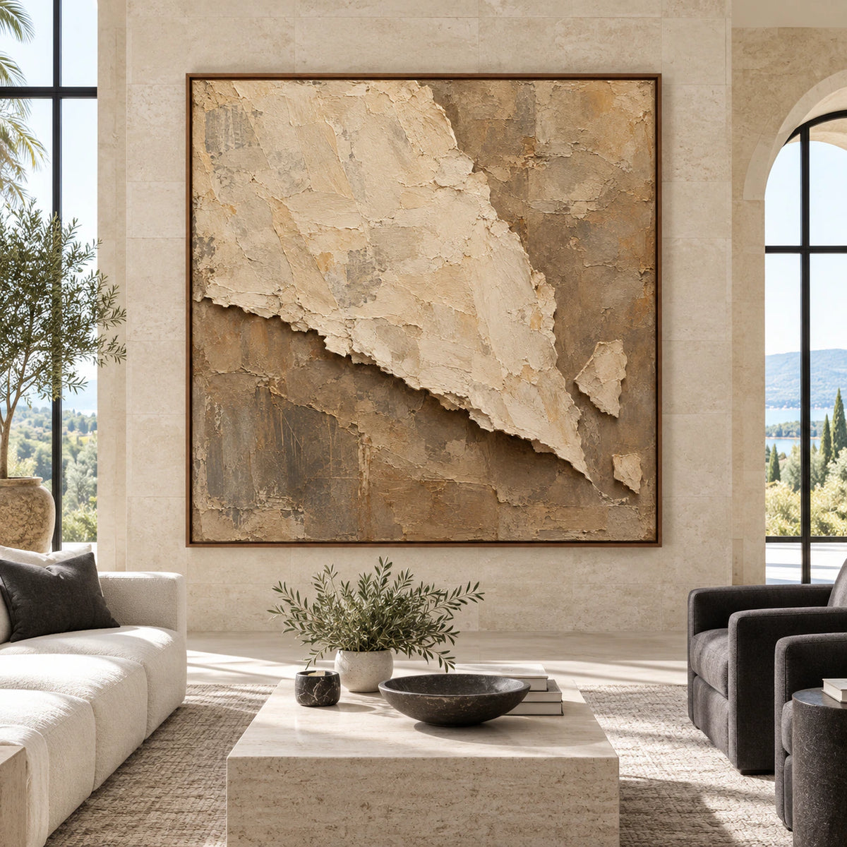Large square ivory and taupe textured artwork displayed straight-on in a bright architectural living space.